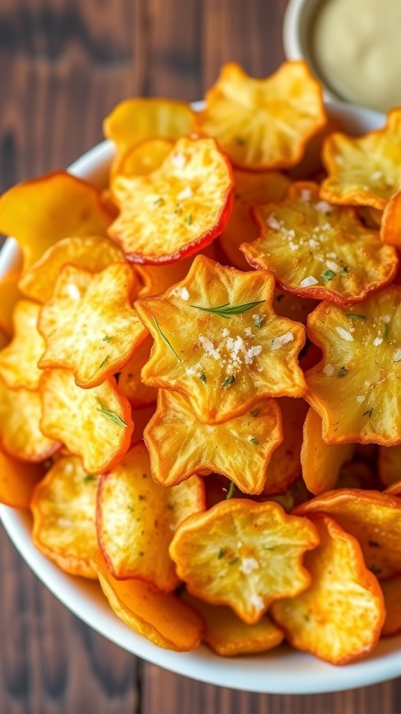A bowl of crispy potato chips seasoned with salt and herbs on a rustic wooden table.
